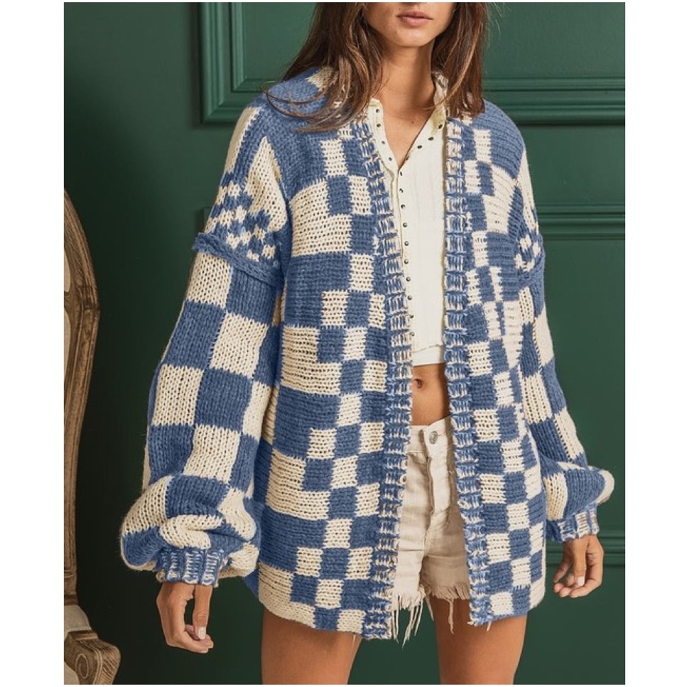 BiBi Blue and Cream Checkerboard Open-Front Cardigan Lg